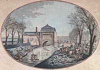 Сражение у Кюэмского шлюза при Жеманппе 6 ноября 1792 г. - Action des Francais et Autrichiens arrivee le 6 novembre 1792 a l'Ecluse de Cuesmes - gravure du temps. Chantilly, musee Conde
