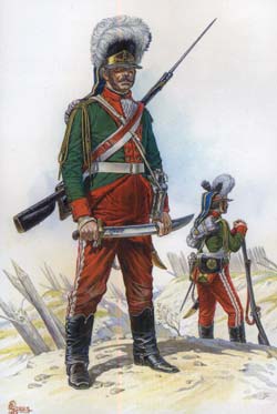 Гренадер Екатеринославского гренадерского полка, вооруженный ружьем с круглым штыком и саблей 'образца 1790 и 1791 годов'. 1792 год.