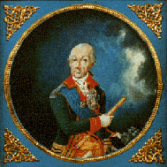 А. В. Суворов. Худ. К.Бэкон, 1795 г. Миниатюрный портрет исполнен в Варшаве. Изображение понравилось Суворову и он заказал несколько копий.