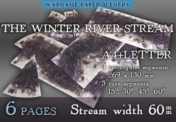 Wargame Paper modular set: The winter river stream (60 mm) Snowy banks. 28 mm, 1/72