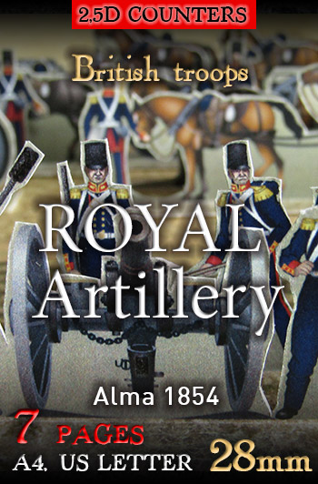 Just Paper Battles Crimea - British troops. Royal Artillery. Alma 1854 (28mm). Modular Paper 2,5D Wargames System