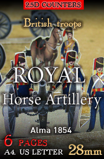 Just Paper Battles Crimea - British troops. Royal Horse Artillery. Alma 1854 (28mm). Modular Paper 2,5D Wargames System