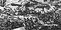 Гравюра Иоганна Мартина Вилля. Сражение при Кинбурне 1787 г. (Картечь и ядра из крепости Кинбурн (1) зажгли несколько турецких кораблей (2). Русские (3) бросились на турок (4) и умертвили несколько тысяч, а остальных загнали в море (5). Некоторым же казаки обрезали уши и носы (6) и отправили их в Очаков, чтобы они рассказали своим товарищам об их будущей судьбе. (7) Русский лагерь и корабли) - Battle at Kinburn. 1787