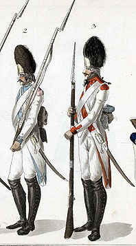Гренадеры французской линейной пехоты 1792 Un grenadier du 38e regiment (cy-devant Dauphine) et un grenadier du 71e regiment d'infanterie (Vivarais). Gravure contemporaine conservee au Heeresgeschichtliches de Vienne.